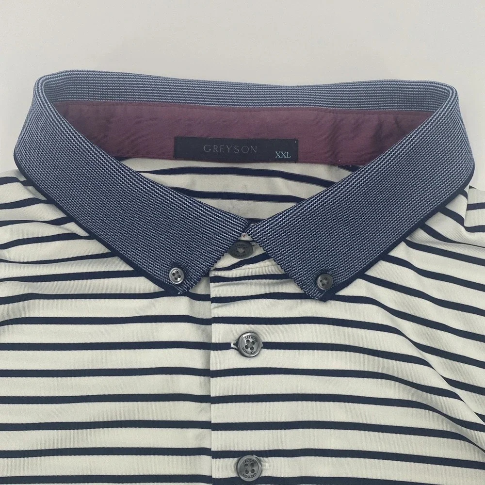 Greyson Polo Shirt Men's XXL White Navy Striped Performance Golf Rugby Stretch - Picture 1 of 9